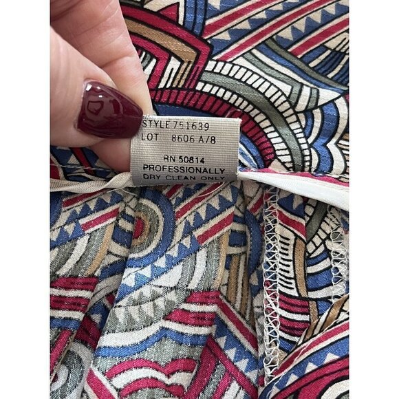 Vintage 90s TAHARI Woman's Sz 2 100% Silk Blouse & Skirt Set Pink Blue Geometric - Picture 13 of 14